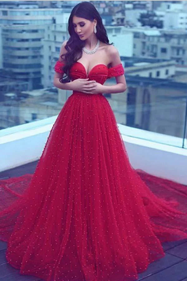 Shop Sale Items Gorgeous Tulle Red Off the Shoulder Sweetheart A-Line Lace up Wedding Dresses