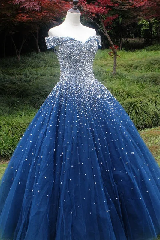 Fashion-Forward Sparkle Off the Shoulder Blue Ball Gown Prom Dresses Puffy Tulle Quinceanera Dresses N2169