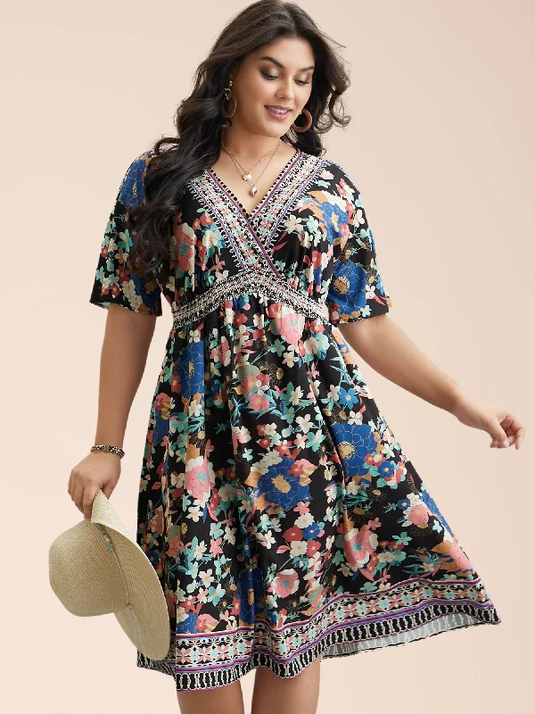 Beat The Heat In Tropical Styles Boho Print Shirred V-Neck Flared Midi Dress