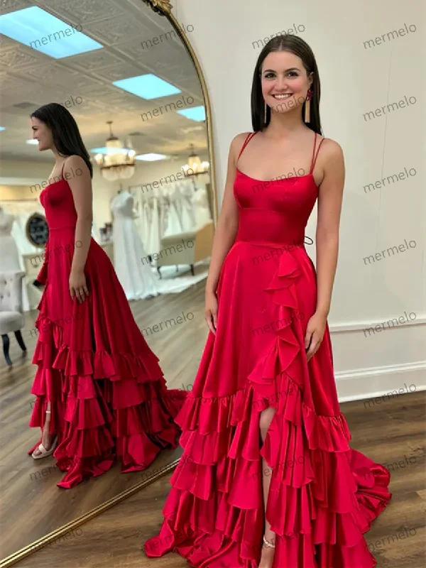 From Casual To Classy Red Satin Straps Cross Back Long Party Dress, Red Satin Prom Dress