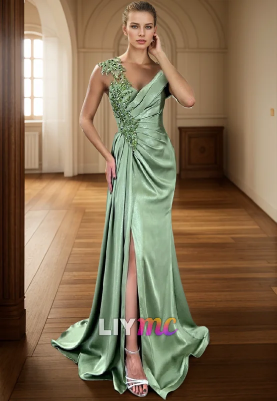 Vintage Charm LP2268 - V-Neck Sleeveless Beaded Appliques Pleated Side Slit Sheath Prom Dress