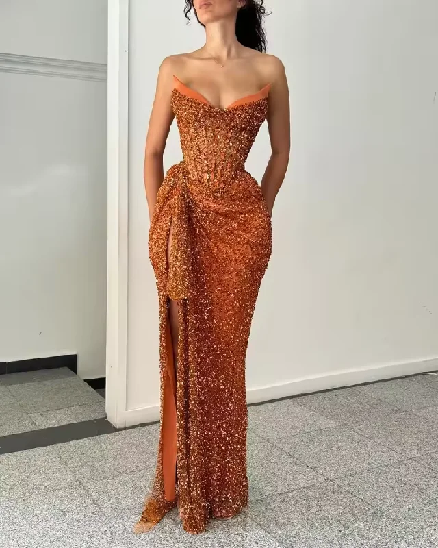 Parisian Effortless Chic Style Hot Orange Sequin Prom Dresses Sheath High Side Slit Satin Celebrity Party Dress Special Occasion Long Prom Gown For Sexy Women