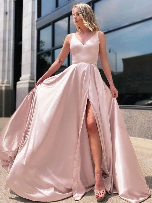 Graceful Drape A-Line/Princess Silk like Satin Ruffles V-neck Sleeveless Sweep/Brush Train Dresses