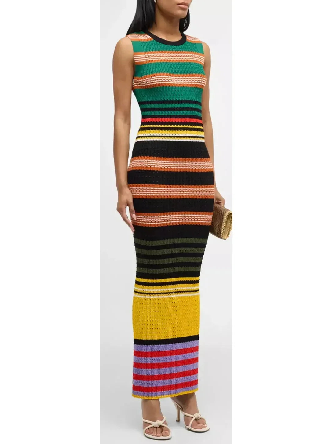 Minimalist Chic Bright Multicolored Striped Pointelle-Knit Sleeveless Maxi Dress