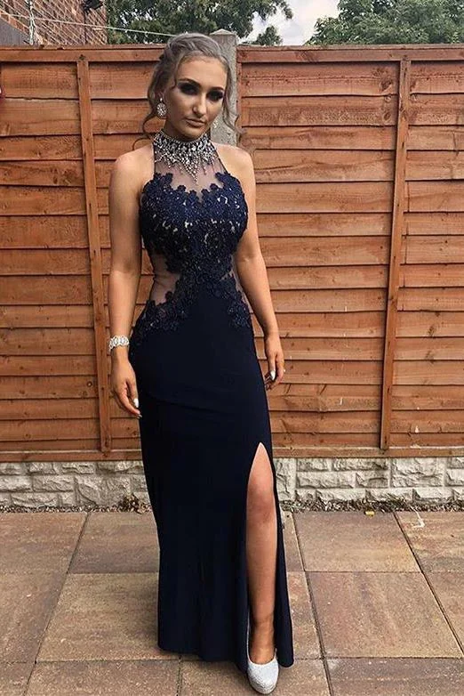 Women’S Urban Fashion Floor Length Sheath High Neck Evening Dresses with Side Slit Appliques Prom Gown N1434