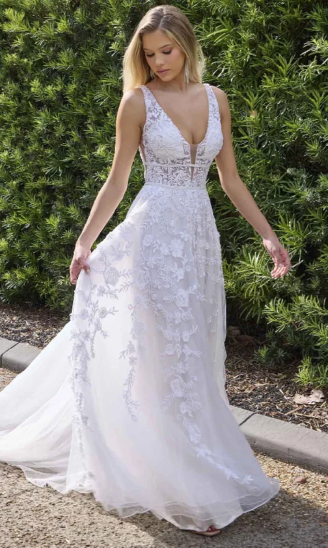 Feminine Elegant Primavera Couture 11142 - Plunging V-Neck Beaded A-Line Gown