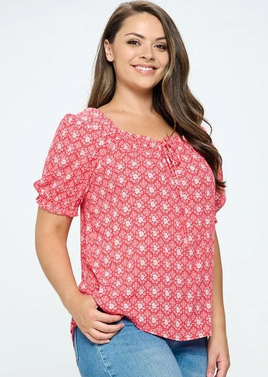 Save Big Red Floral Print Peasant Blouse in Plus Size Made in USA