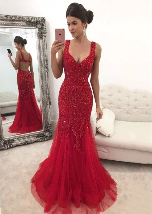 Trendy Pulse Red Sleeveless V-Neck Prom Dresses Women Dresses,Applique Tulle Backless Evening Dress    S2399