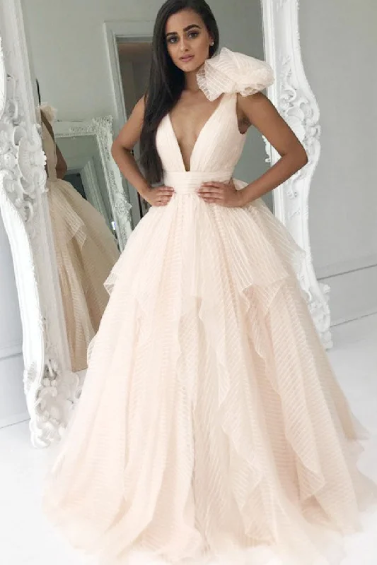 Artful Design Deep V-Neck Light Pink Ball Gown Princess Prom Dresses Quinceanera Dresses N1179