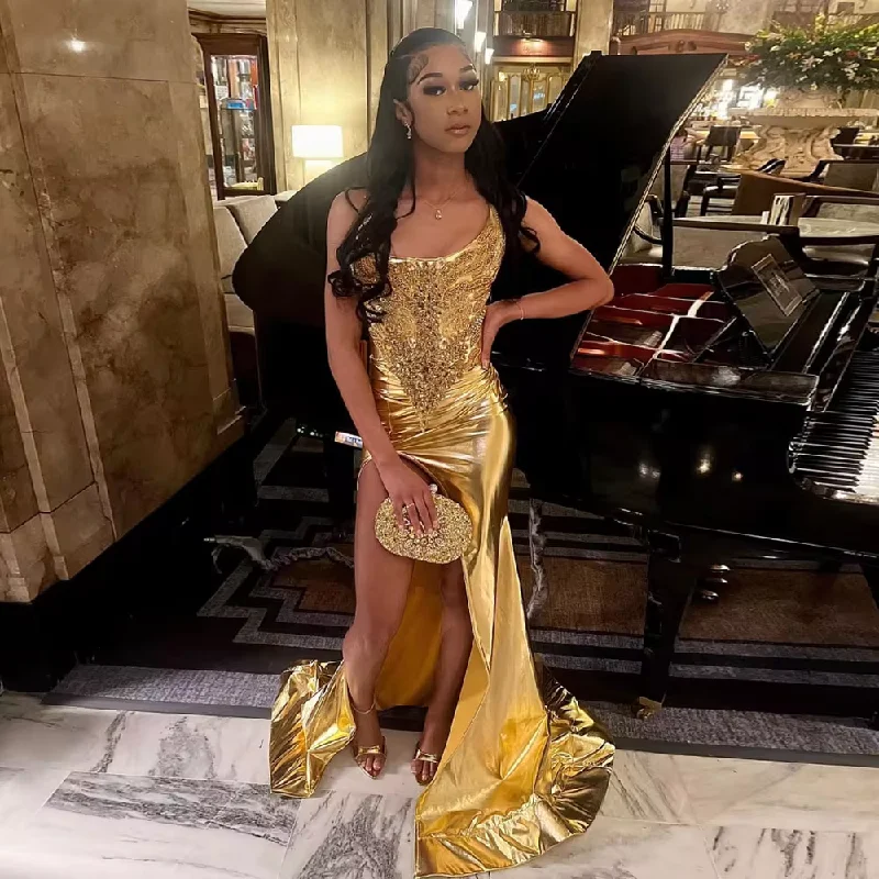 Flash Deals One Shoulder Golden Appliques Satin Dress With Slit Floor Length Elegang Mermaid Dresses Custom Made Women Clothing Free Shippin