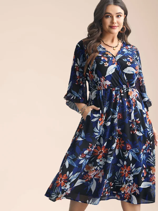 Latest Trends Chiffon Tropical Print Surplice Neck Midi Dress