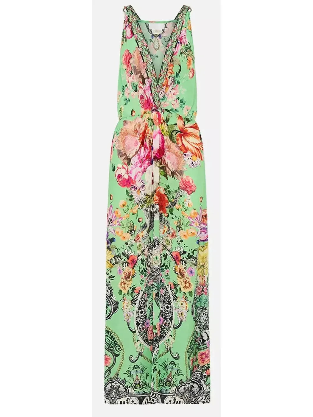 Valentine's Special Printed Low-Cut Sleeveless Silk Maxi Dress in Green