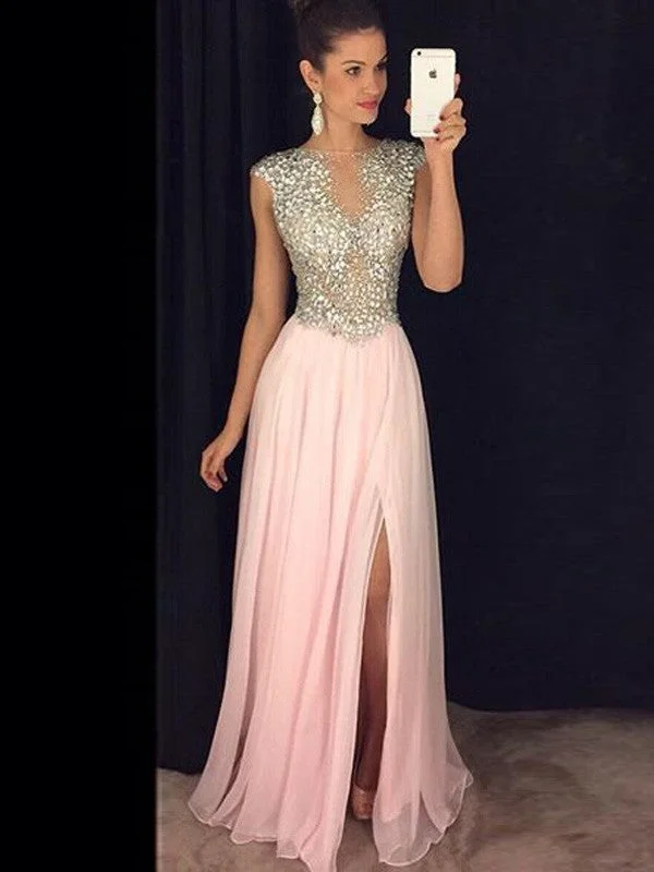 Essentials On Sale A-Line/Princess Sleeveless Bateau 30D Chiffon Sequin Floor-Length Dresses