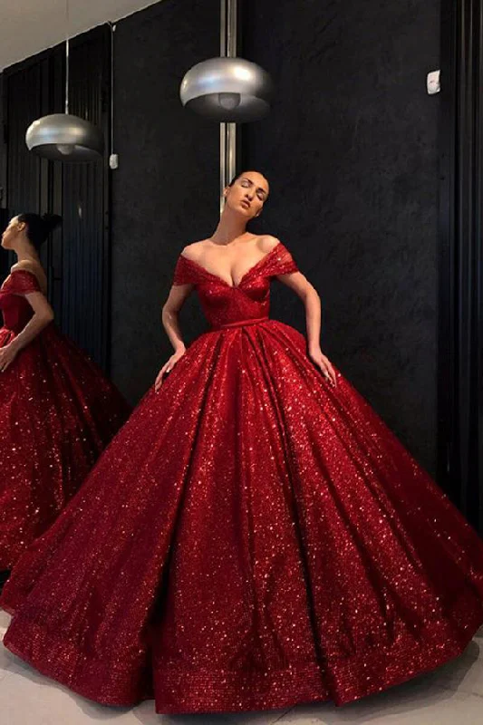 Formal Outfit Chic Ball Gown Prom Dresses Vintage Off The Shoulder Red Sequins Prom Dresses N1333