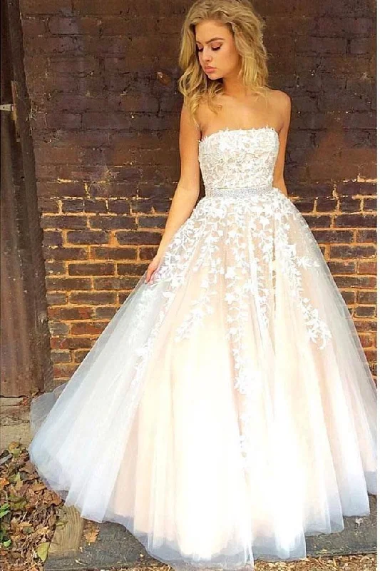 Discover Promotions Gorgeous Strapless Sleeveless White Tulle Ball Gown Long Prom Dress Wedding Dresses