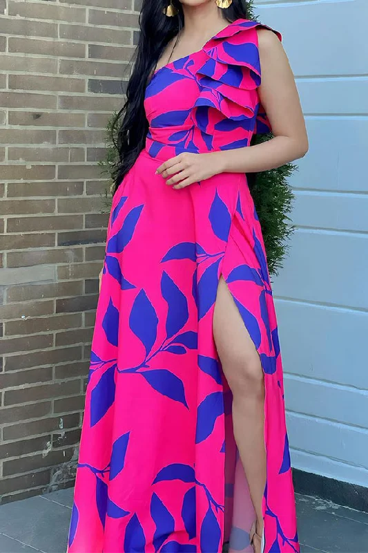 Last Chance Sale Leaf Print Ruffles One Shoulder Elegant High Split Maxi Dress