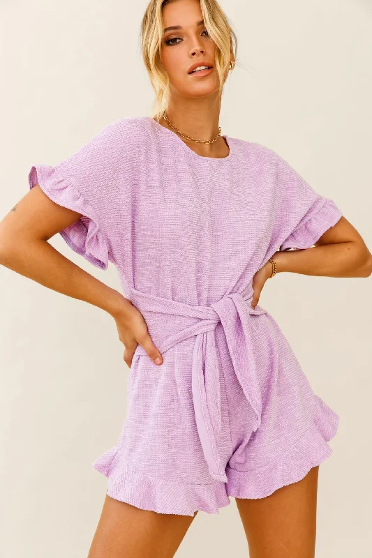 Relaxed Style Feelin' Blessed Waist-Tie Frill Trim Romper Lilac