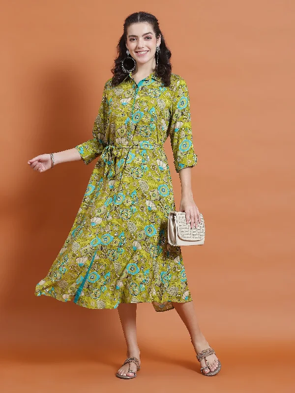 Hot Trends Women Olive Floral Print Dress