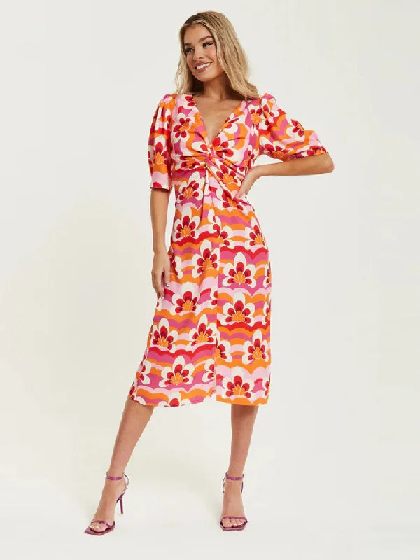 Exclusive Discount ACL Floral Knot Midi Dress Orange