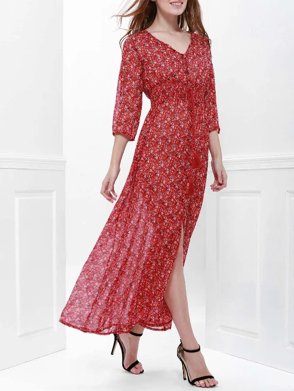 Chic Sophistication Printed High Slit Maxi Dress with Sleeves - Red - L