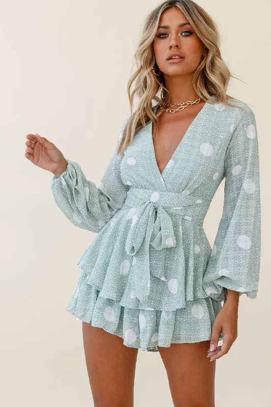 Bold Patterns Maddox Fit & Flare Long Sleeve Romper Polka Dot Print Green