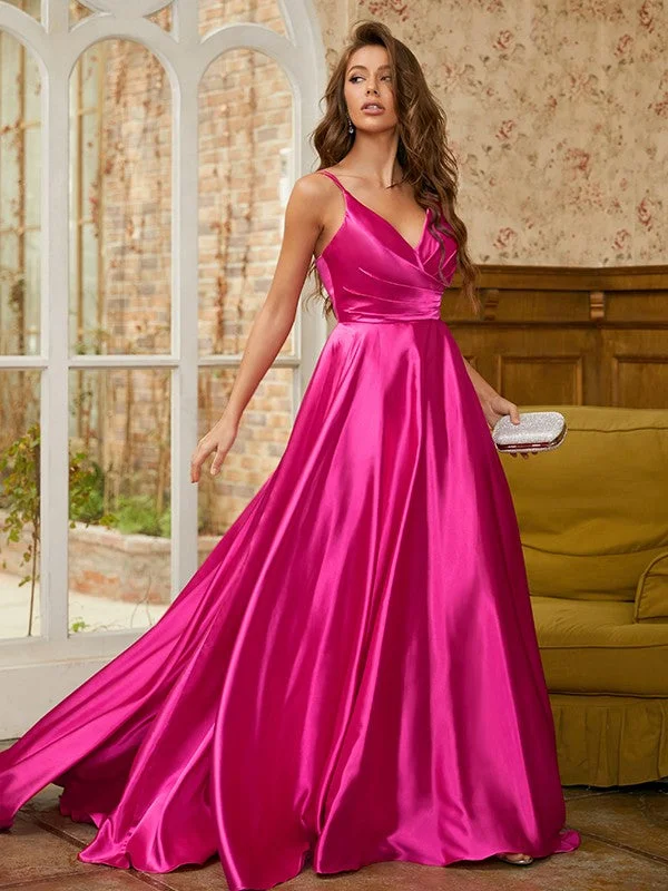 Flash Sale A-Line/Princess Elastic Woven Satin Ruched V-neck Sleeveless Sweep/Brush Train Dresses