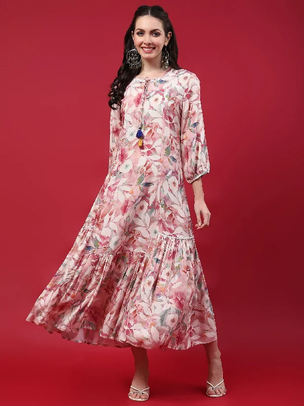 Evening Elegance Women Pink Floral Printed Dress