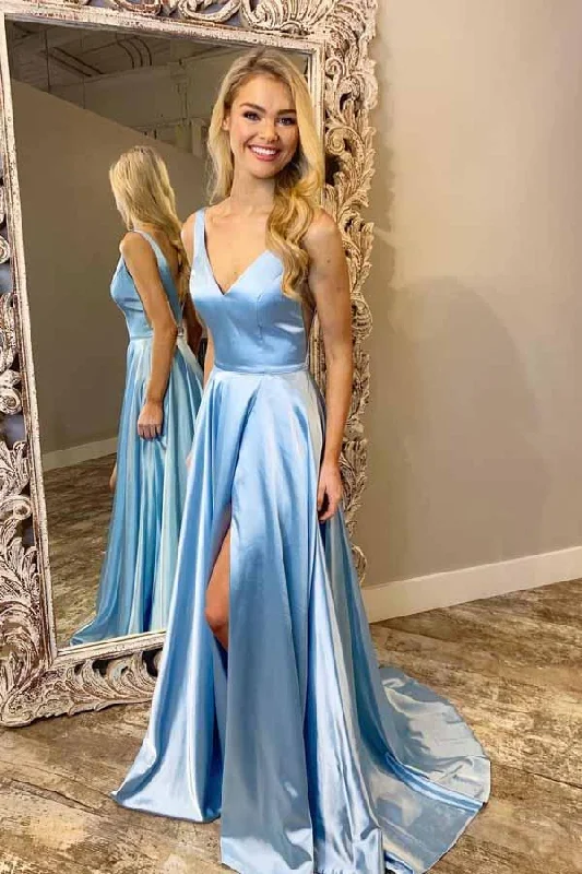 Day-To-Night Styles A Line Light Blue Sleeveless V-Neck Simple Prom Gown N1708