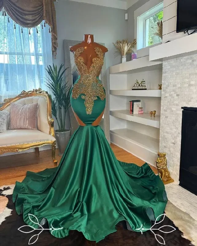 Best Sellers Satin Emerald Green Gold Long Evening Formal Dress for Women Sparkly Crystal Beaded Black Girl Prom Gala Gown