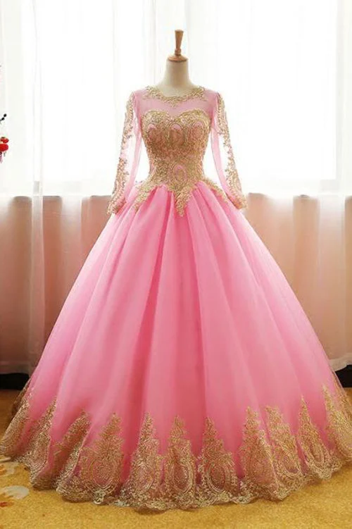 Statement Piece Ball Gown Pink Tulle Prom Dress with Gold Appliques Long Sleeves Quinceanera Dress N1191