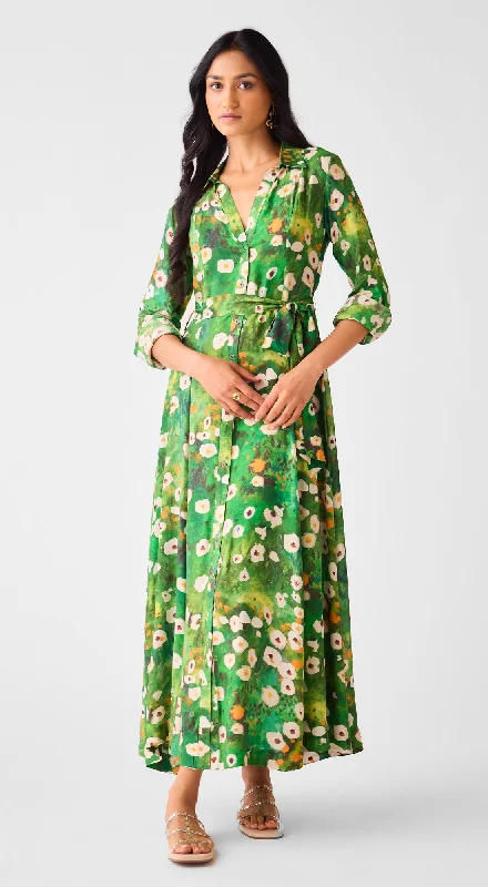 Minimalist Elegant Green Muslin Floral Long Dress