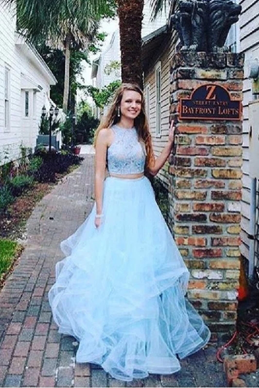 Luxury Style Two Pieces Blue Lace Round Neck Sleeveless A Line For Teens Prom Gown Dresses N1260