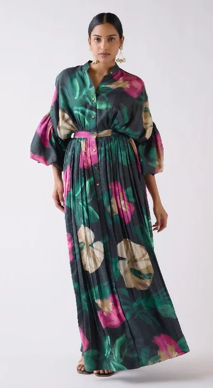 Flowing Silhouette Green Muslin Floral Dress