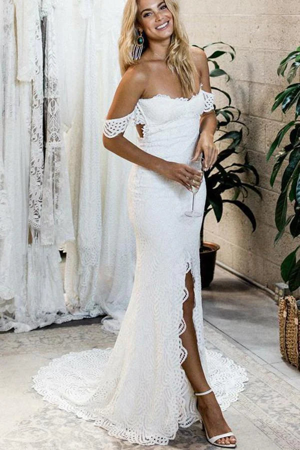 Seasonal Trends Off the Shoulder White Sweetheart Lace Sexy Mermaid Open Back Beach Wedding Dresses