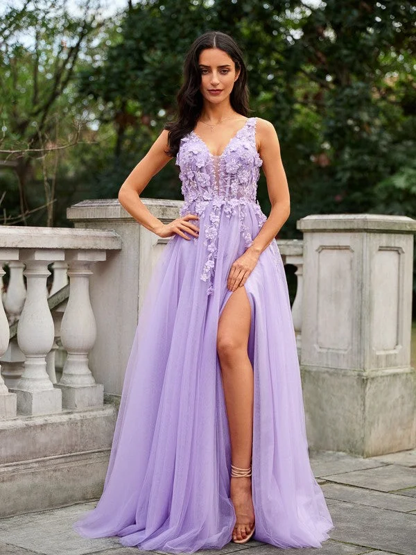 Spring Fashion A-Line/Princess Tulle Applique V-neck Sleeveless Floor-Length Dresses