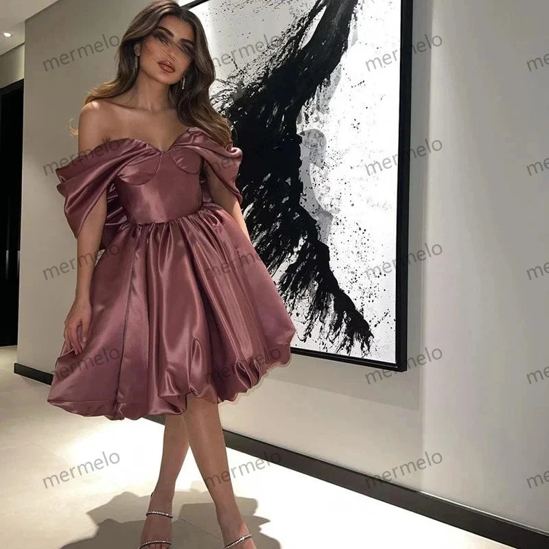 Flash Sale Off Shoulder Satin Evening Dress Short Girl Birthday Prom Dress A-line Evening Party Dresses Formal Occasion Gown