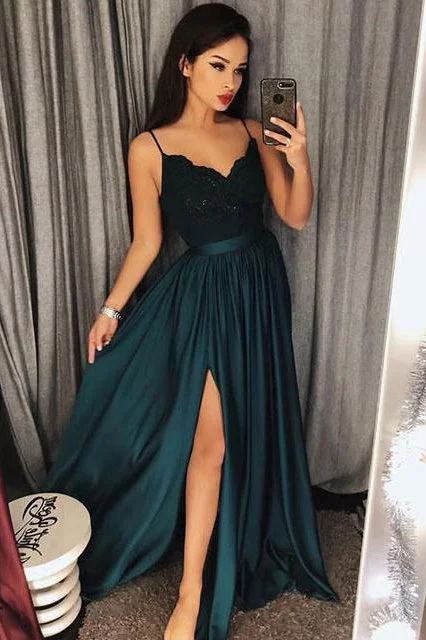 Effortless Sophistication Spaghetti Straps Lace Prom Dress With High Split Evening Gowns N757