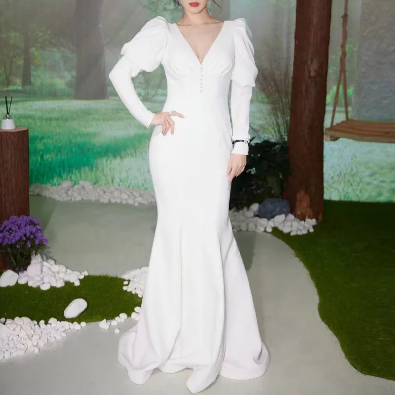 Father'S Day Deals Puffy Sleeve Sheath Bridal Gown V-neck Wedding Dress