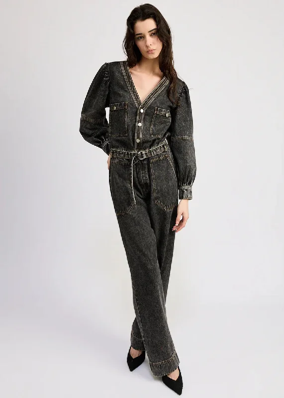 New Styles Just In Nia Puff Sleeve Denim Jumpsuit - Grey