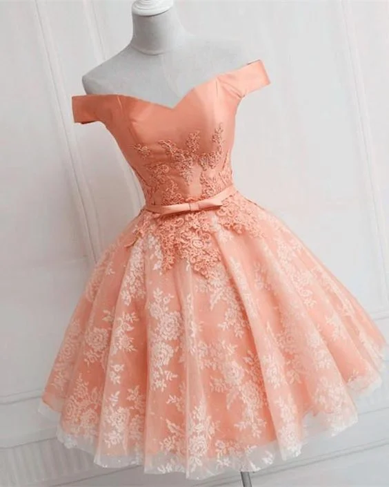 Anniversary Sale Elegant Lace Appliques Satin Off The Shoulder Homecoming Dress Short      S2952