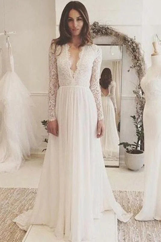 Day-To-Night Styles Off White Chiffon Open Back Long Sleeves Wedding Dress Simple A Line V Neck Lace Prom Dress