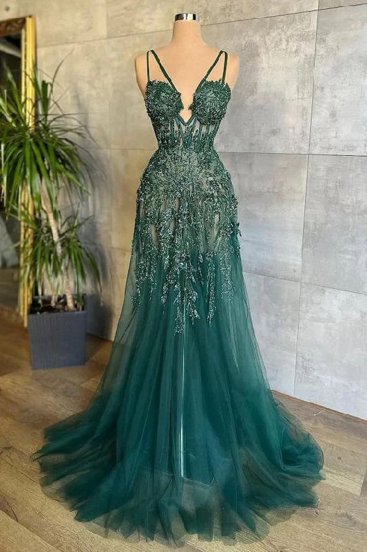 Casual Elegance Charming Dark Green Tulle Long Evening Dress Sweetheart Sleeveless Formal Prom Dress       S3789