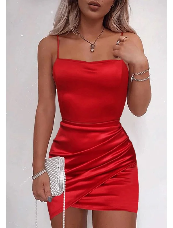 Trendy Women's Collection Sheath / Column Party Dresses Backless Dress Holiday Homecoming Short / Mini Sleeveless Spaghetti Strap Satin with Ruched