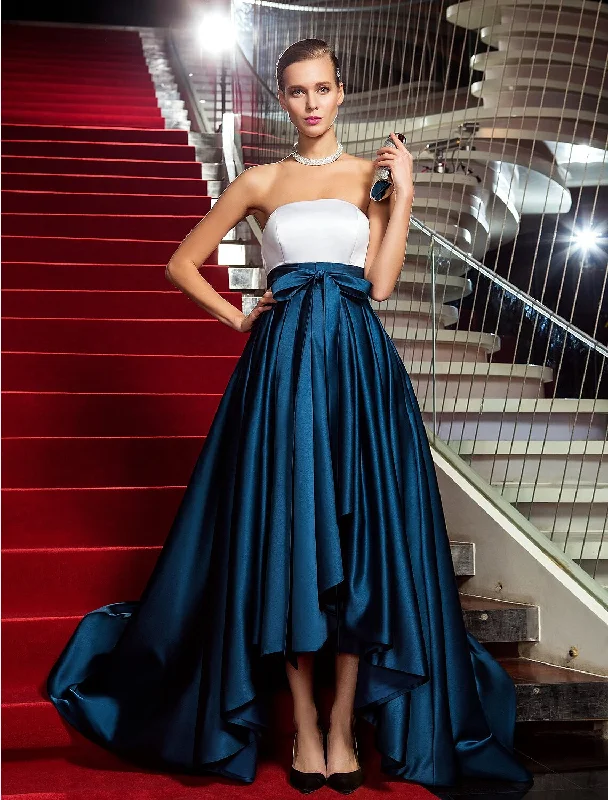 Special Offers, Don'T Miss A-Line Chic & Modern Color Block Minimalist Formal Evening Black Tie Gala Dress Strapless Backless Sleeveless Asymmetrical Satin with Bow(s) Pleats