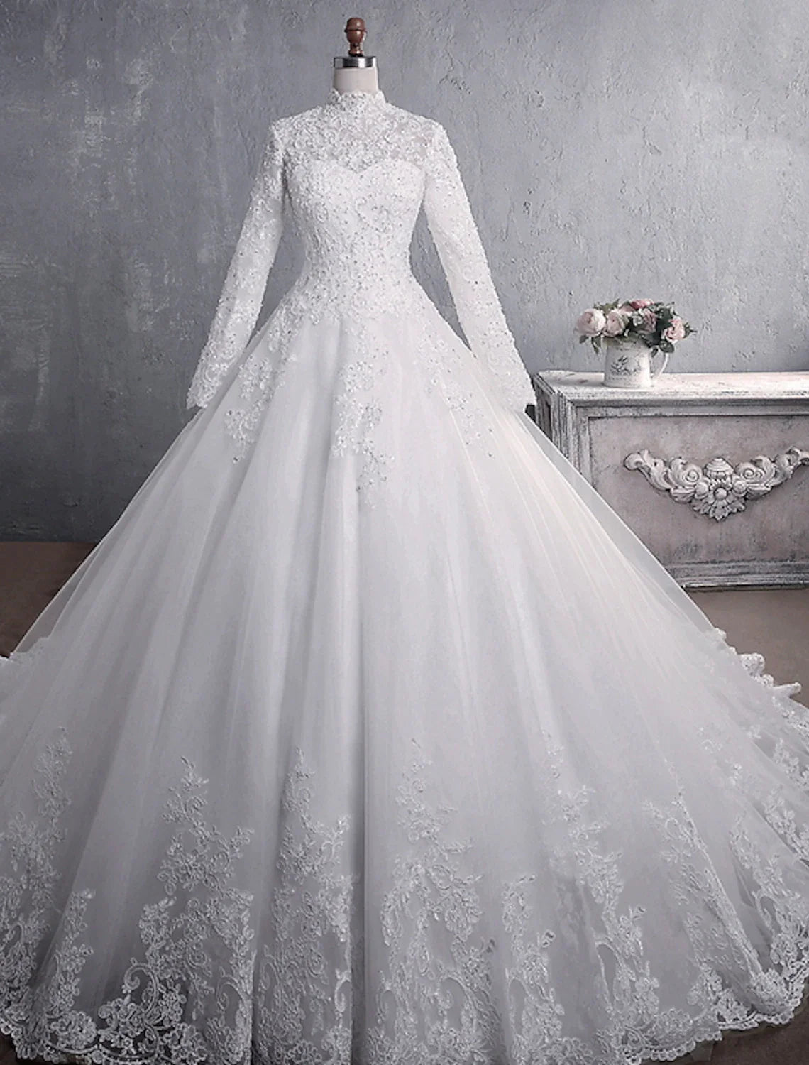 Seasonal Trend Engagement Formal Wedding Dresses Ball Gown High Neck Long Sleeve Court Train Lace Bridal Gowns With Appliques