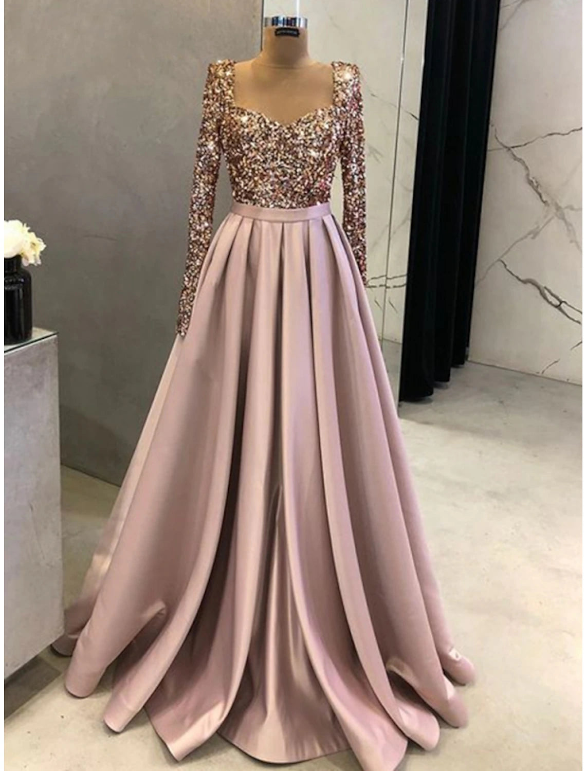 Trendy Styles A-Line Evening Gown Elegant Dress Formal Fall Sweep / Brush Train Long Sleeve Square Neck Satin with Glitter Pleats