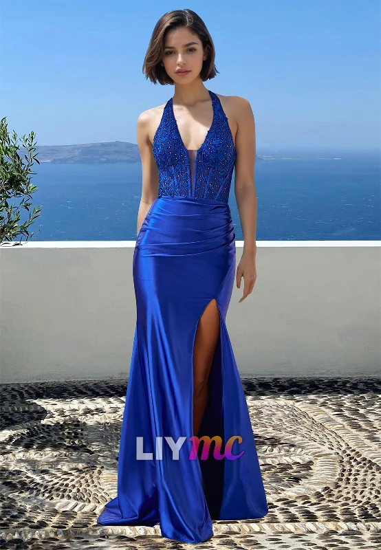 Coastal Beach - Inspired Style V-Neck Straps Sleeveless Appliques Side Slit Sheath Prom Dress