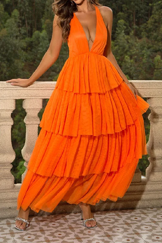 Colorful Clothing Solid Color Strappy Back Romantic Tiered Maxi Dress