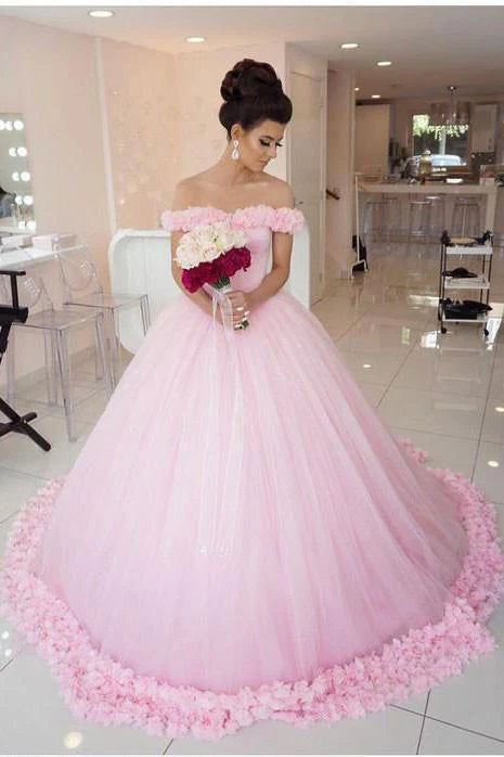 Spring Fashion Pink Long Sleeveless Flowers Off the Shoulder Lace up Tulle Ball Gown Wedding Dresses