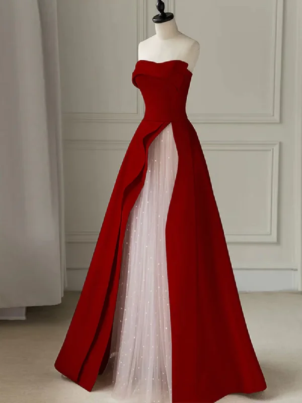 Chic Style, Always In Vogue A LINE BURGUNDY SATIN LONG PROM DRESS, BURGUNDY FORMAL DRESS  S1346